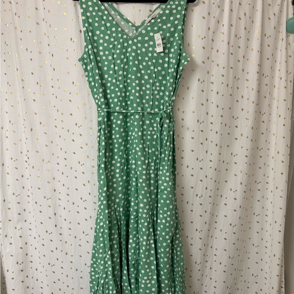 NWT Ann Taylor LOFT Green Godet Polka Dot Sleeveless Midi Dress – Size L - Picture 2 of 5